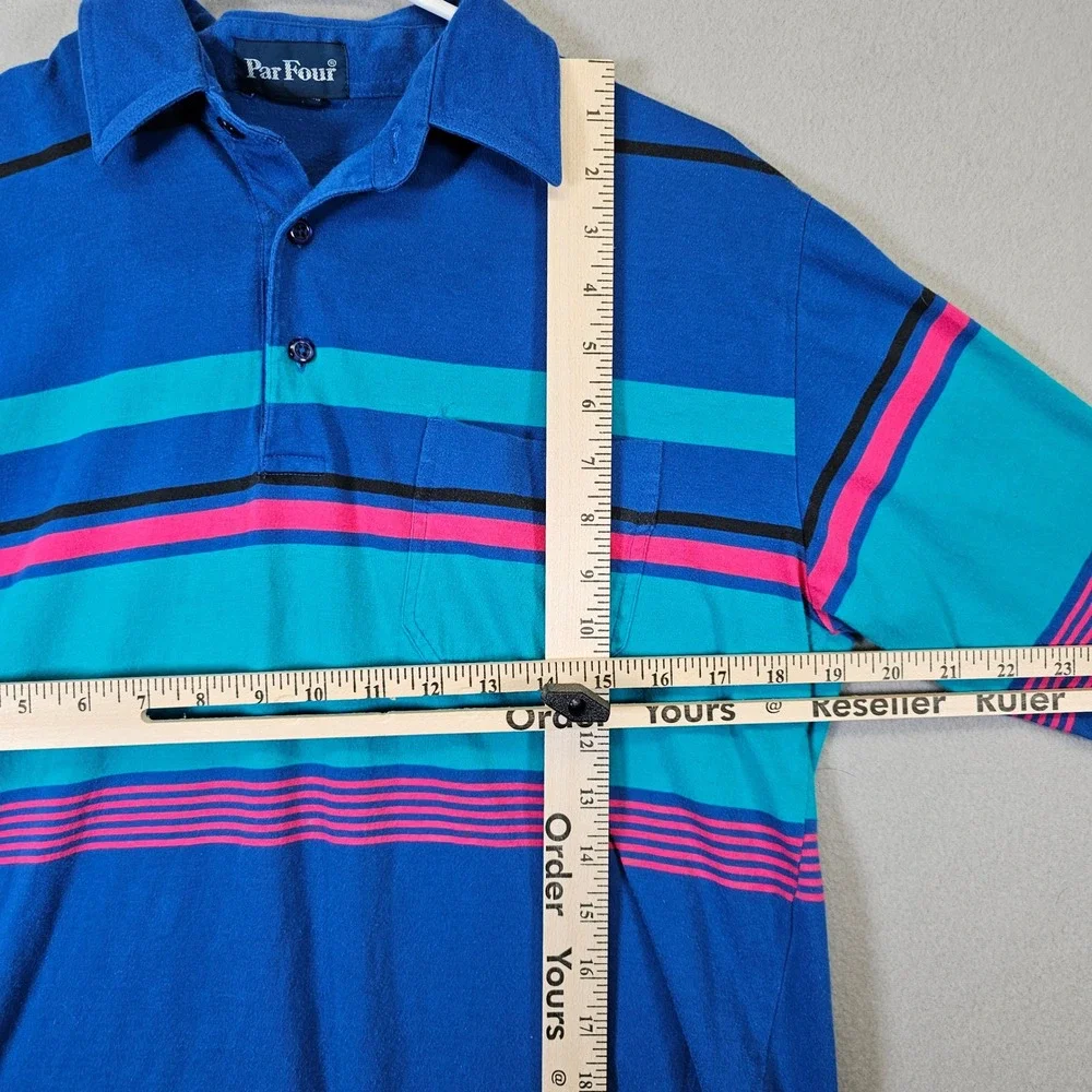 Par Four Mens Polo Shirt Medium Blue Teal Pink Striped Short Sleeve Cottontail - Picture 3 of 6